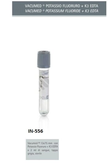 Provette VACUMED® 13x75mm con potassio fluoruro per 2 ml di sangue tappo grigio, sterile.