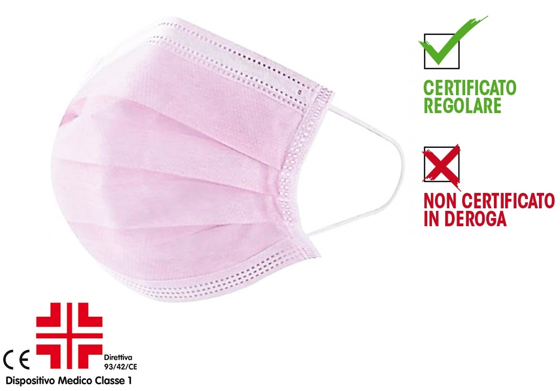 Mascherina TNT 3 strati con elastici colore ROSA  certificata come Dispositivo Medico classe I Filtro ≥ 98%