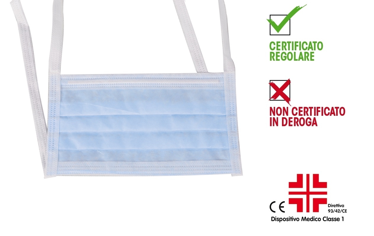 Mascherina TNT 3 strati con LACCI colore BLU certificata come Dispositivo Medico classe I Filtro ≥ 98%
